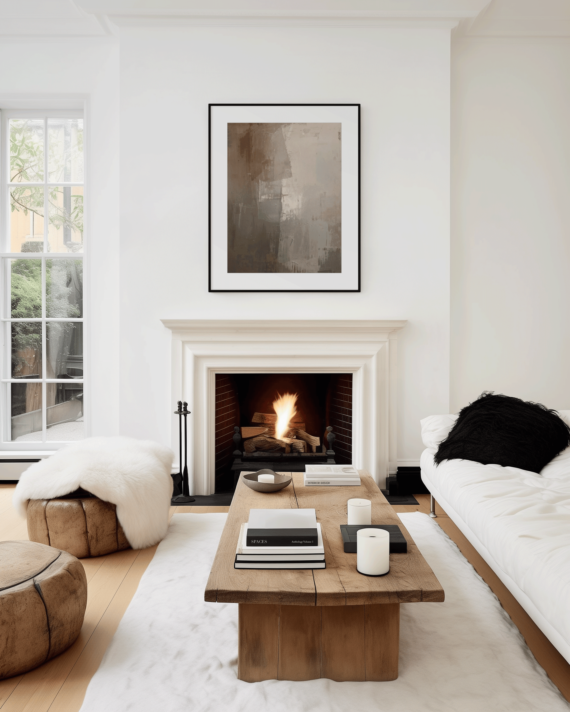 moody abstract wall art in beige and brown tones displayed above a fireplace in a white modern living room with rustic wood accents and cozy décor