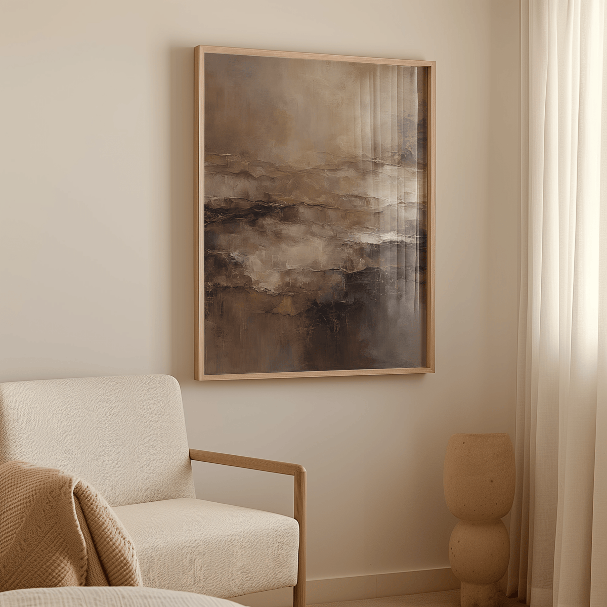 Moody abstract wall art print in beige and brown framed canvas above bedroom chair