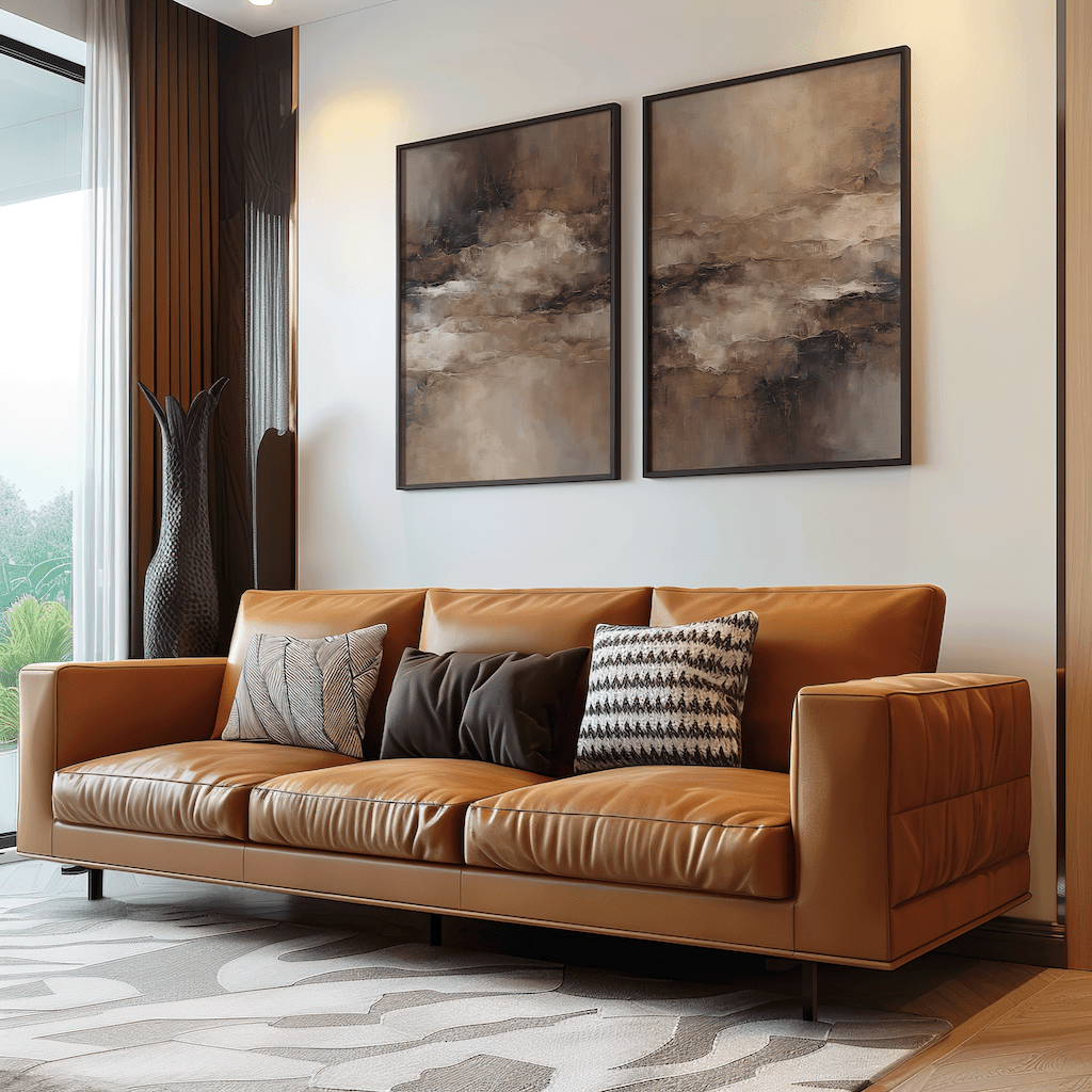 Set of 2 brown and beige moody abstract wall art prints framed in brown wood above a leather couch in a modern living room