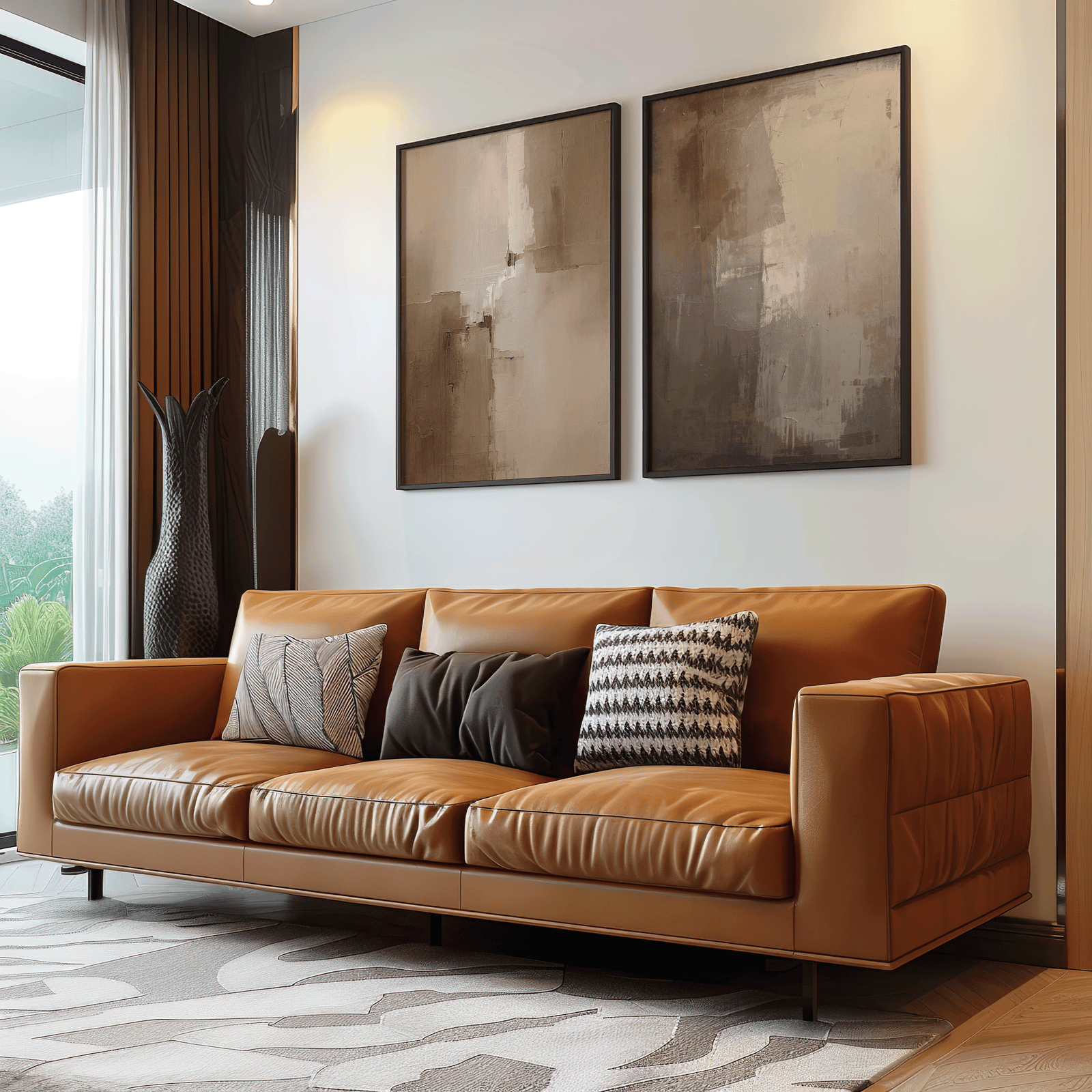 moody beige and brown neutral abstract wall art in black frames styled above a warm brown leather sofa in a modern rustic living room with soft décor
