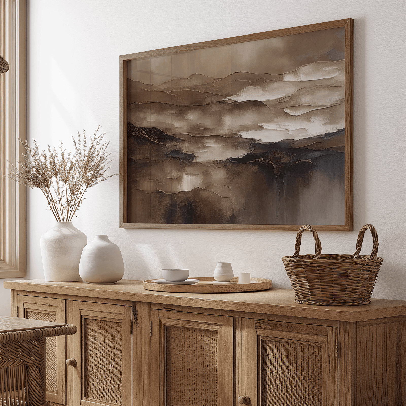 Moody brown abstract wall art in a wood frame above a rustic dining room sideboard