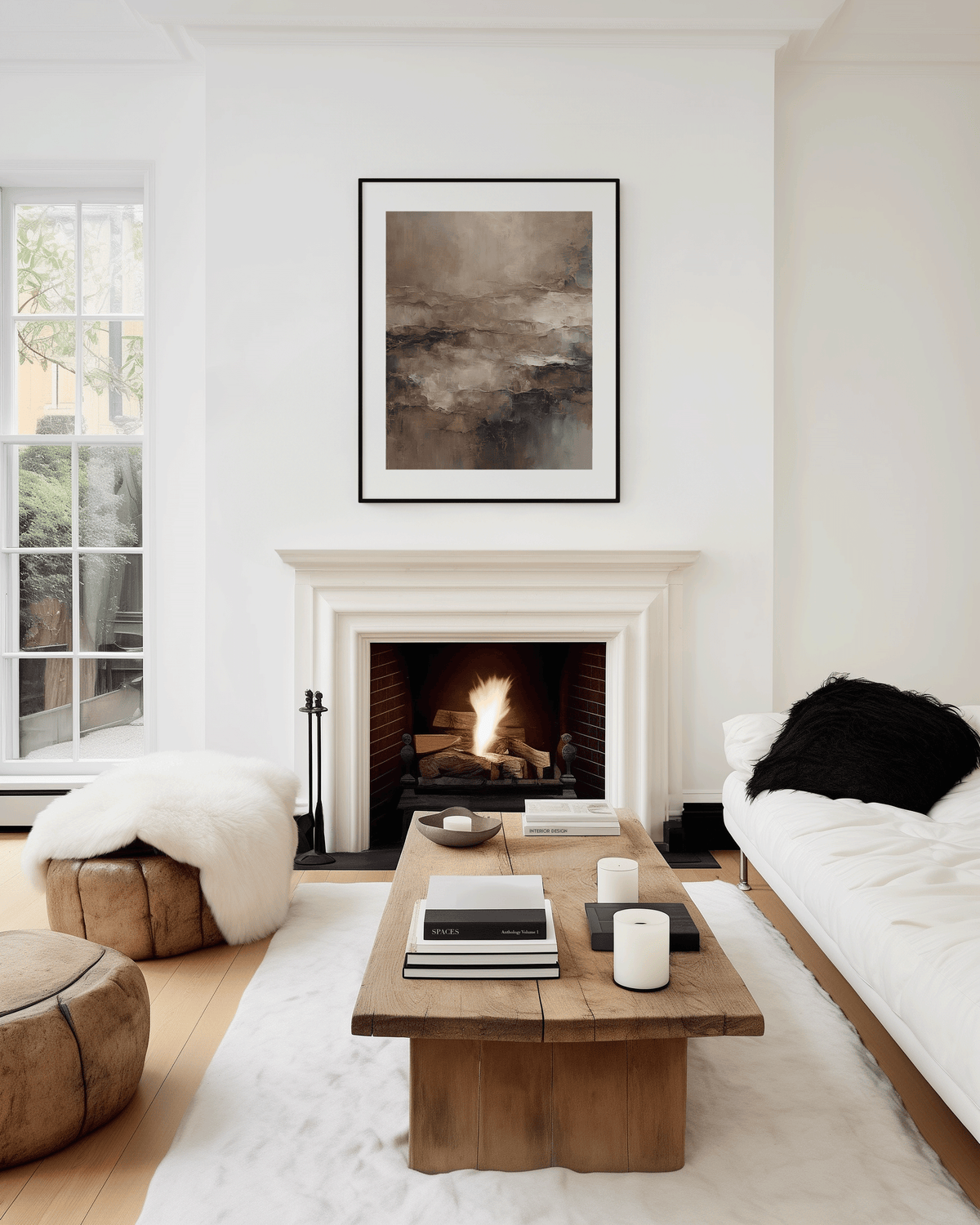 brown faux textured framed abstract wall art abvoe a fireplace in a modern living room with wooden coffee table and natural lighting
