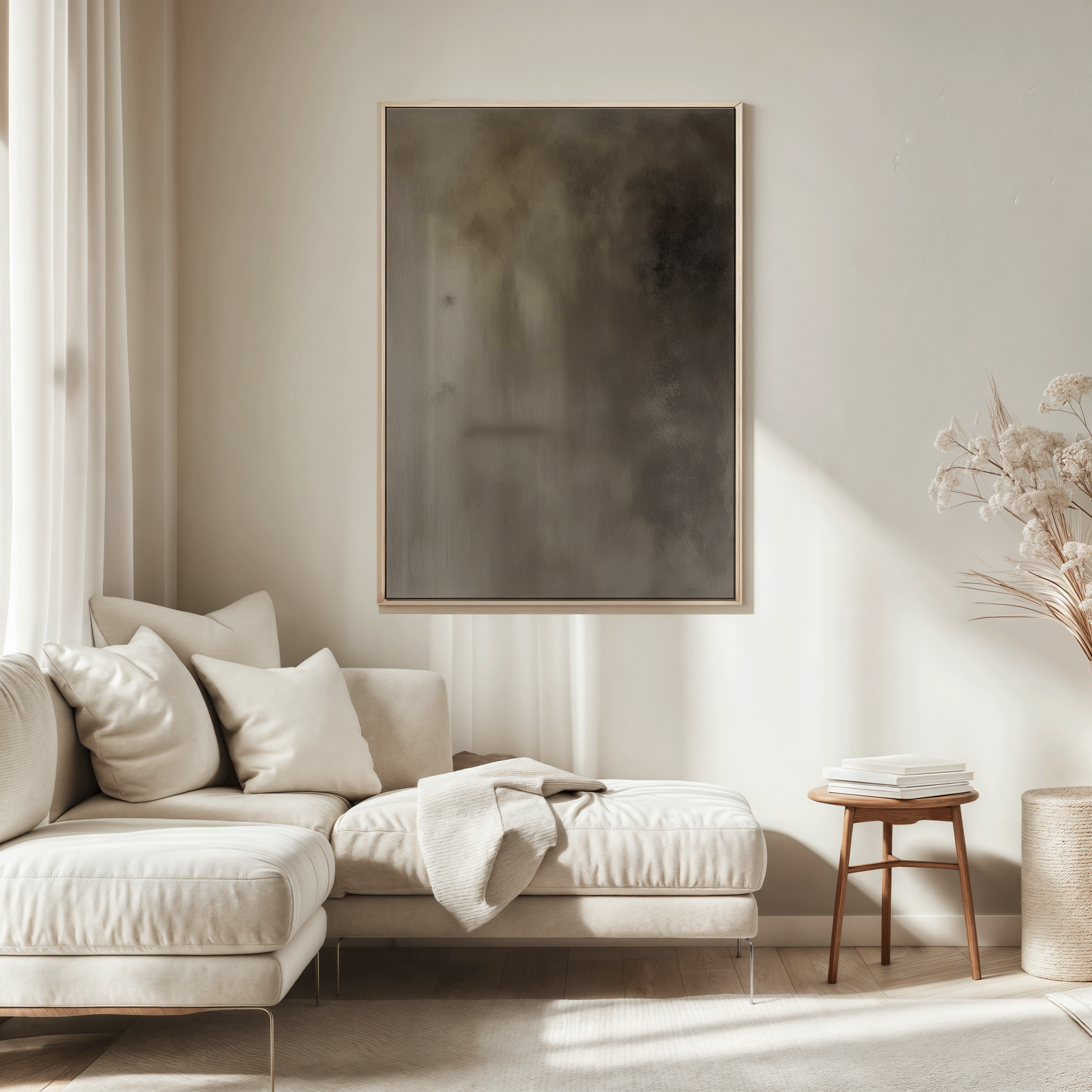 Large moody earthy abstract wall art in natural wood frame above beige sectional sofa in a neutral living room