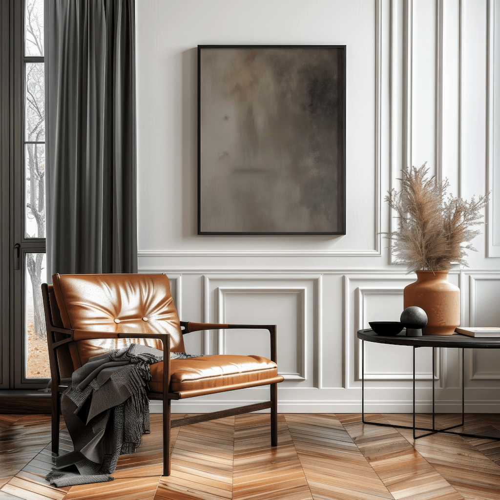 Earthy rich brown tonal abstract wall art framed above leather chair with pampas grass decor