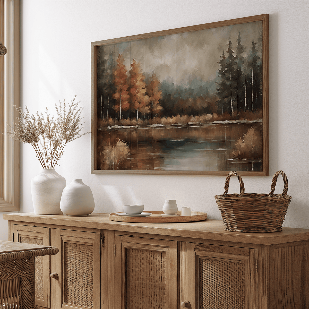 Moody fall landscape wall art in natural frame above a wooden sideboard in a dining room