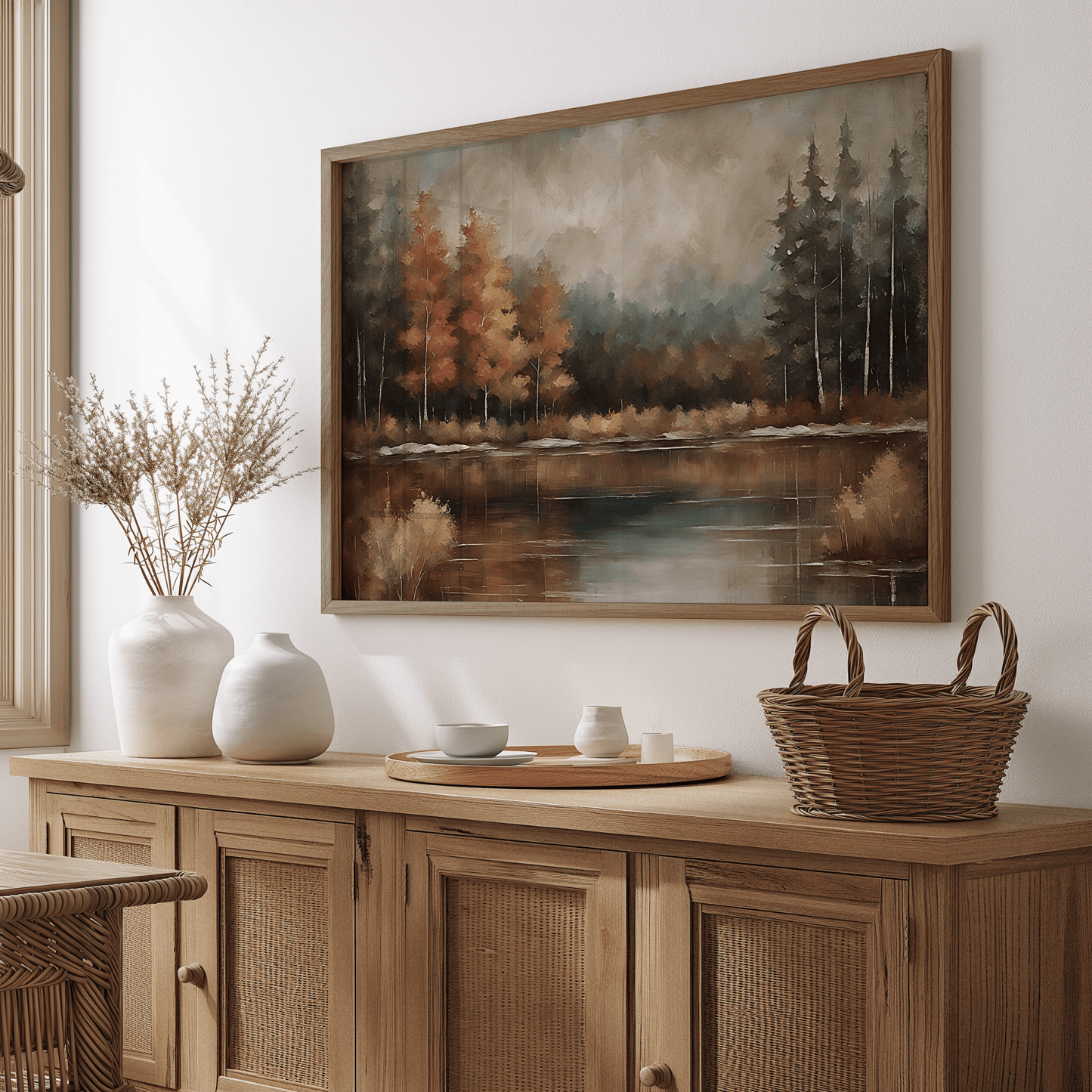 Moody fall landscape wall art in natural frame above a wooden sideboard in a dining room