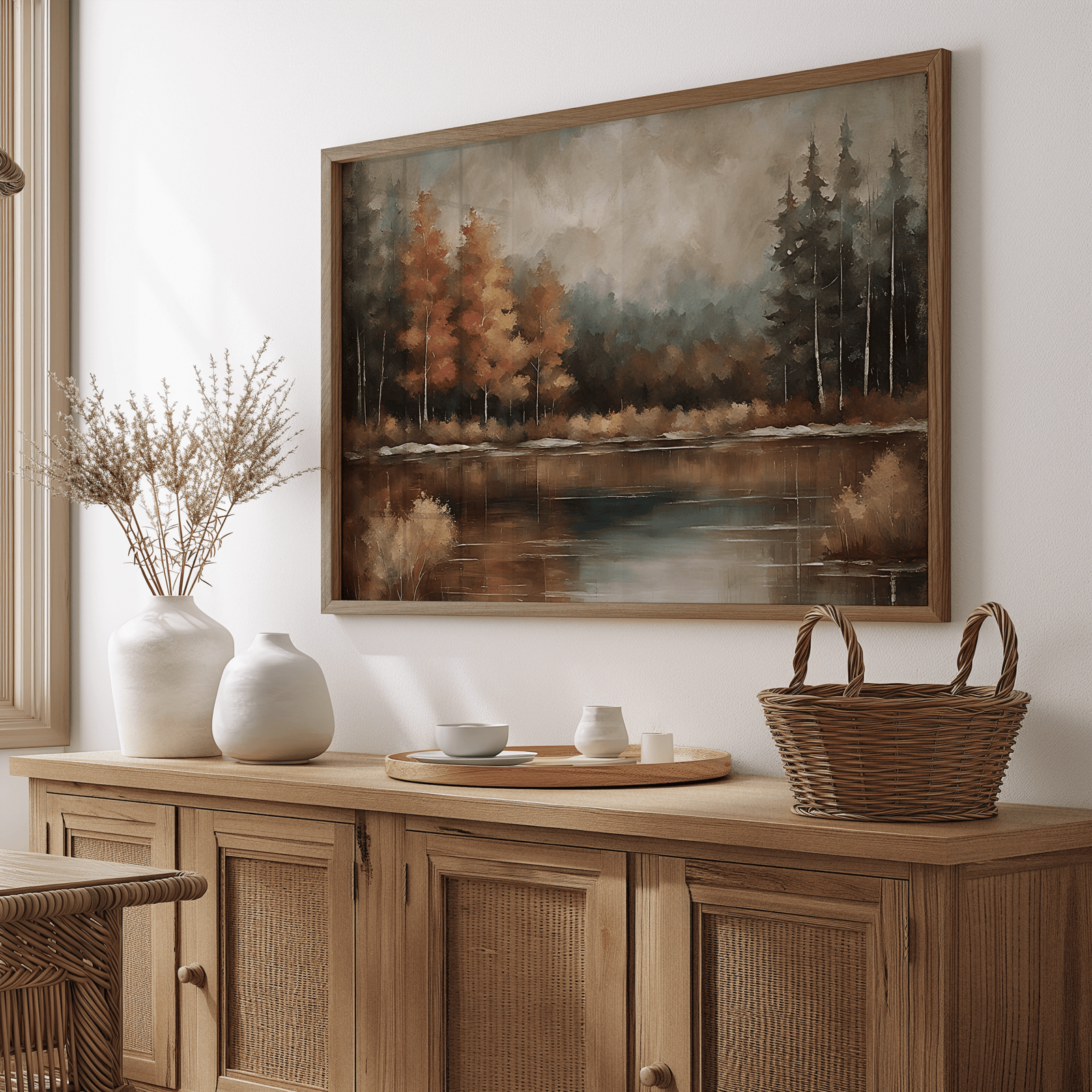Moody fall landscape wall art in natural frame above a wooden sideboard in a dining room