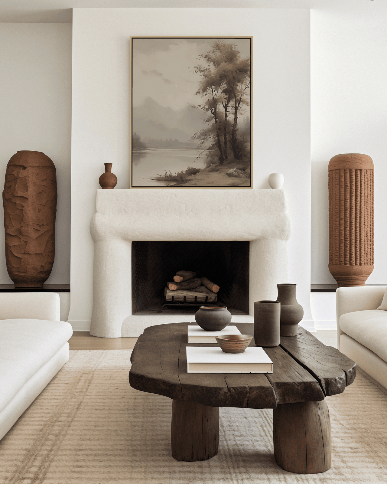 Moody vintage landscape wall art above fireplace in warm neutral living room