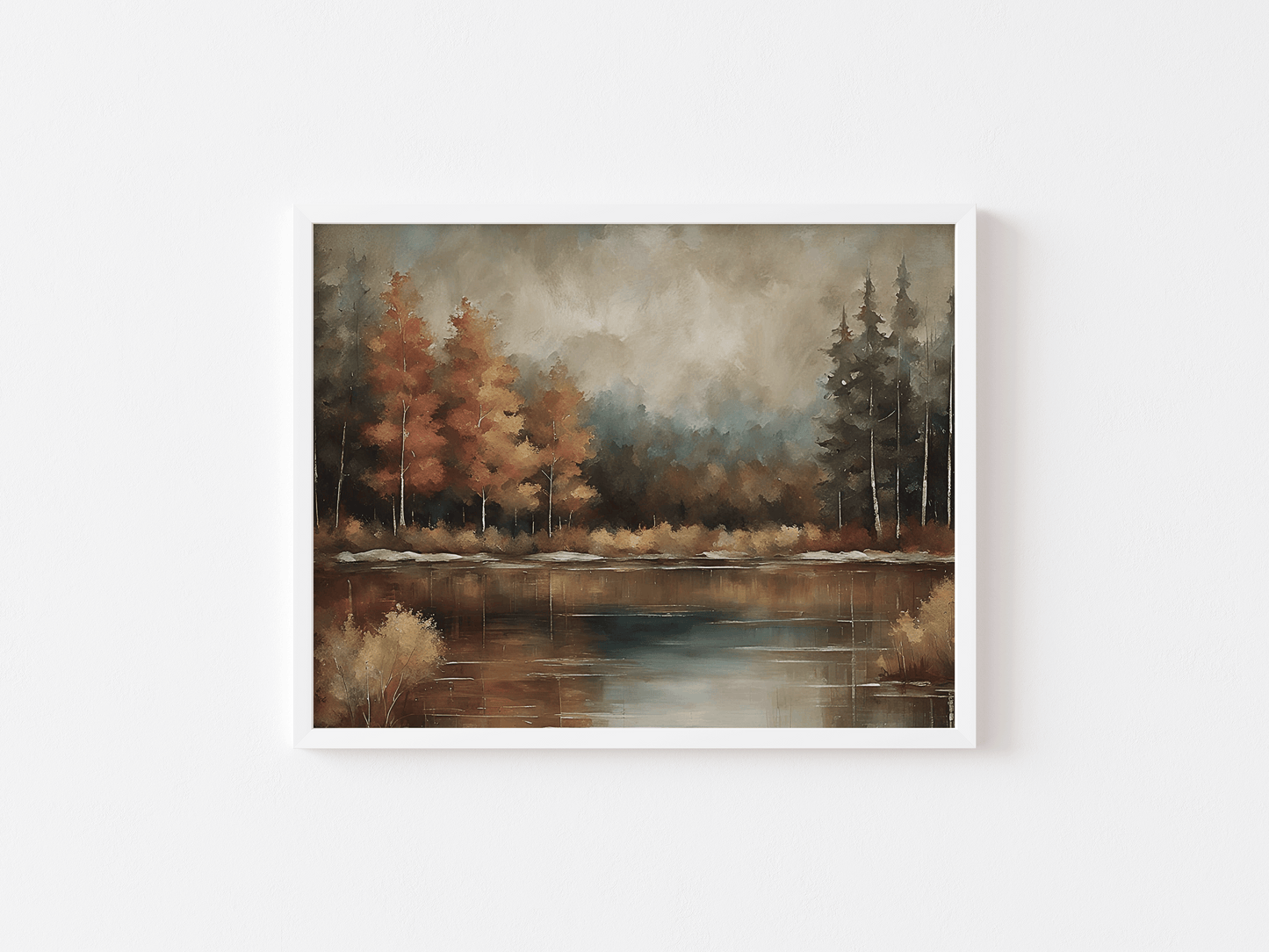 White framed moody landscape wall art of an autumn forest and lake scene