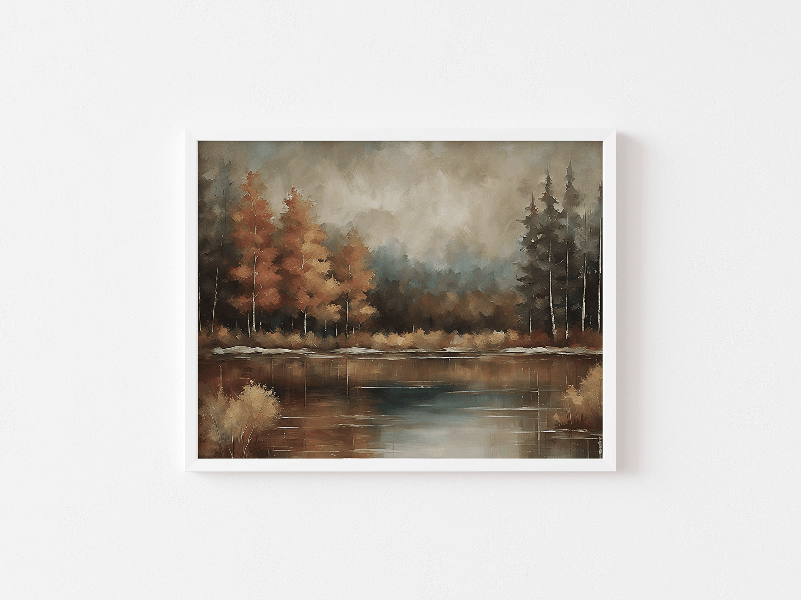 White framed moody landscape wall art of an autumn forest and lake scene