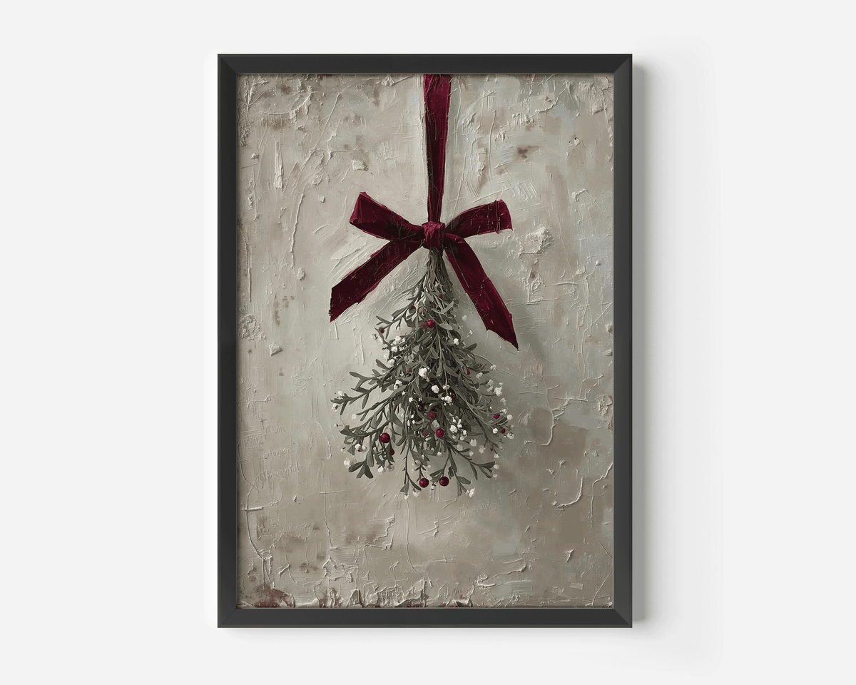 Vintage mistletoe Christmas print with a deep red velvet ribbon on a muted neutral background
