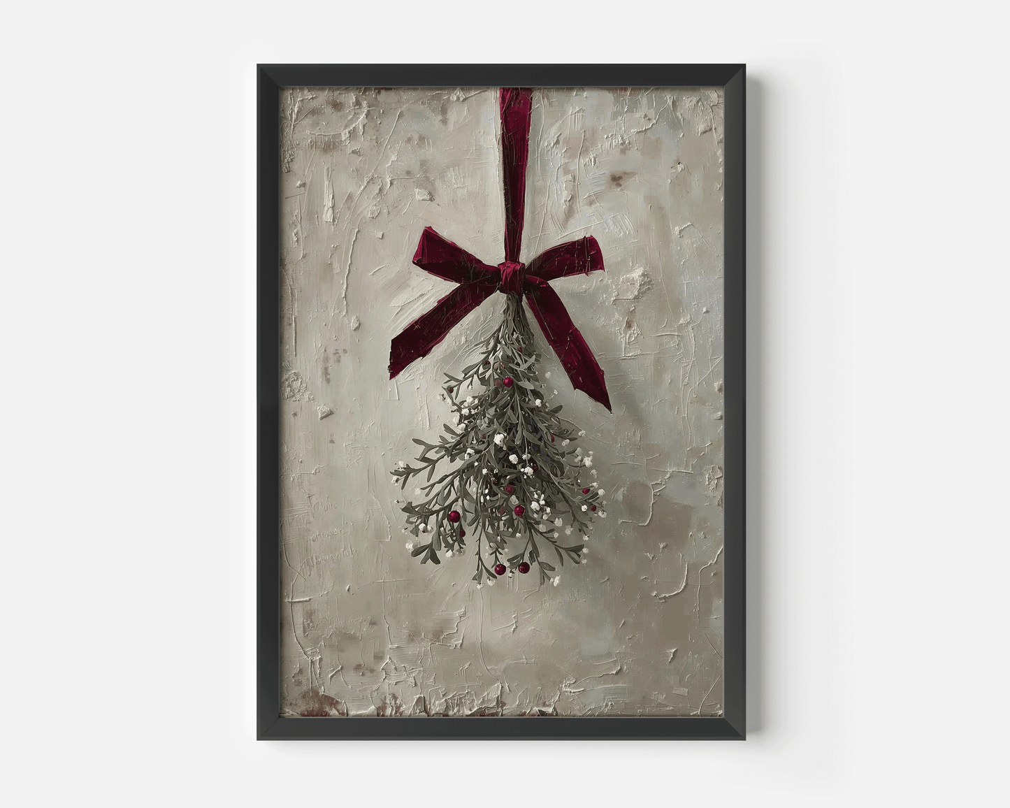 moody vintage mistletoe holiday canvas print with textured neutral background and velvet ribbon, a rustic christmas wall art piece ideal for bedroom, hallway, or dining room seasonal decorating