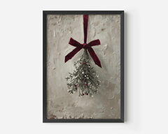 Vintage mistletoe Christmas print with a deep red velvet ribbon on a muted neutral background