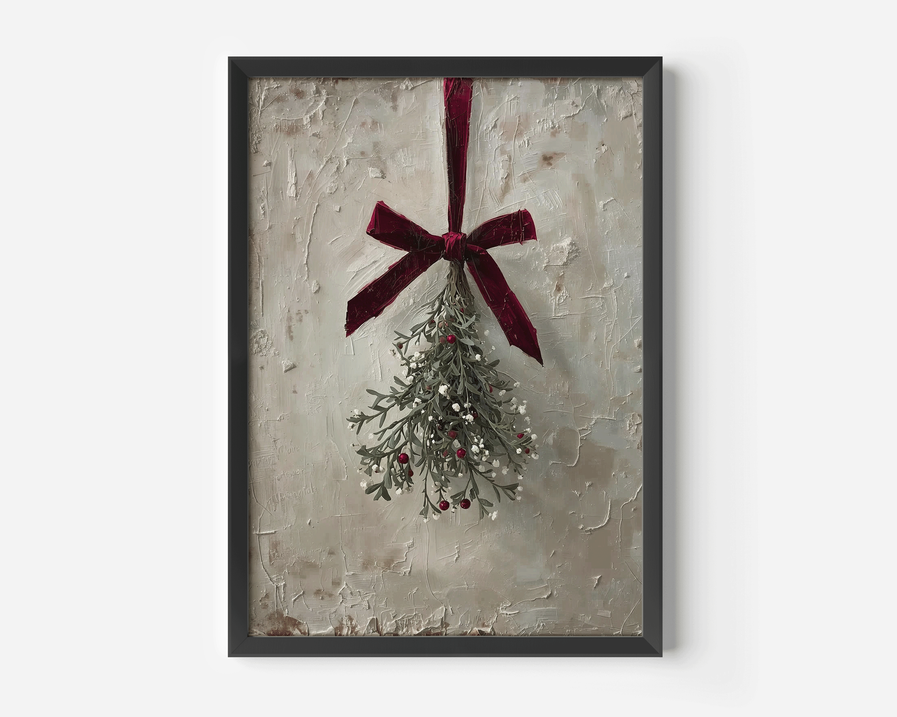 moody vintage mistletoe holiday canvas print with textured neutral background and velvet ribbon, a rustic christmas wall art piece ideal for bedroom, hallway, or dining room seasonal decorating