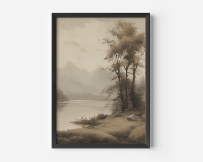 Moody vintage nature landscape canvas wall art in black frame on white wall