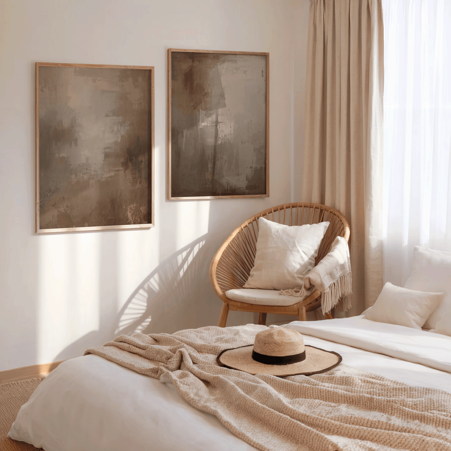 moody neutral beige and brown abstract wall art in a cozy cottagecore-style bedroom, two framed prints above a bed with warm rustic textiles and sunlight