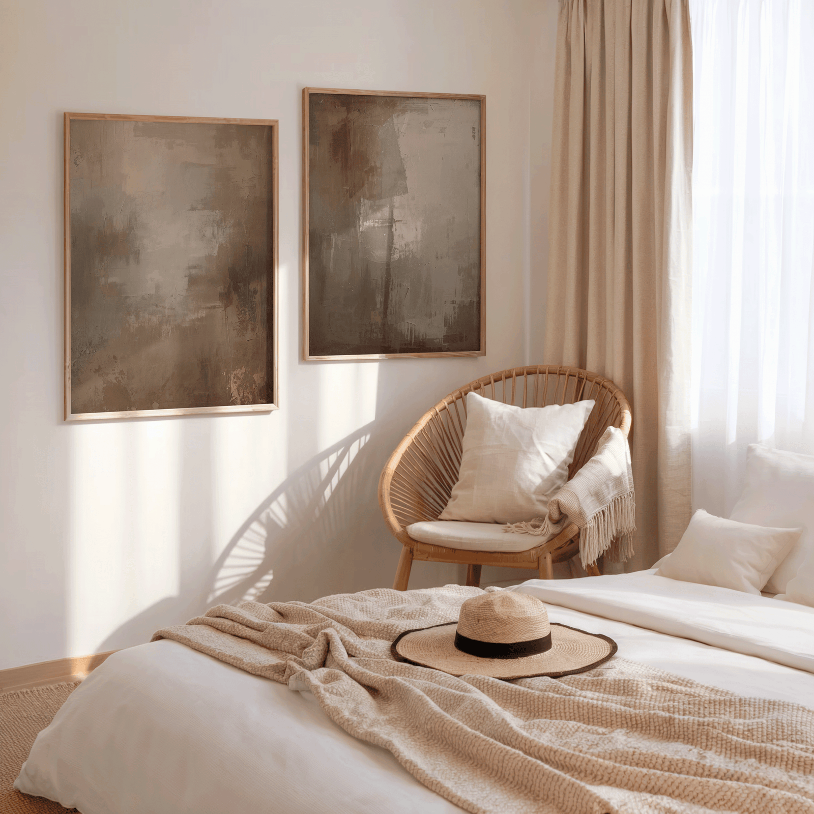 moody neutral beige and brown abstract wall art in a cozy cottagecore-style bedroom, two framed prints above a bed with warm rustic textiles and sunlight