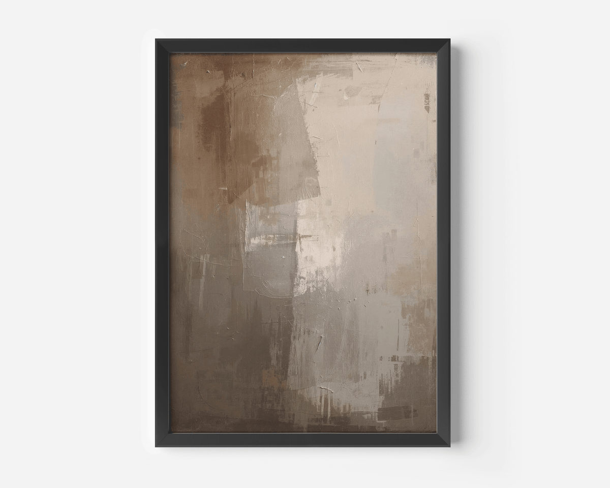 close-up of moody neutral beige and brown abstract artwork in a black frame showing layered painterly details, modern neutral wall décor for living rooms or entryways