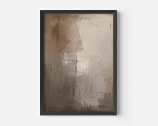 close-up of moody neutral beige and brown abstract artwork in a black frame showing layered painterly details, modern neutral wall décor for living rooms or entryways
