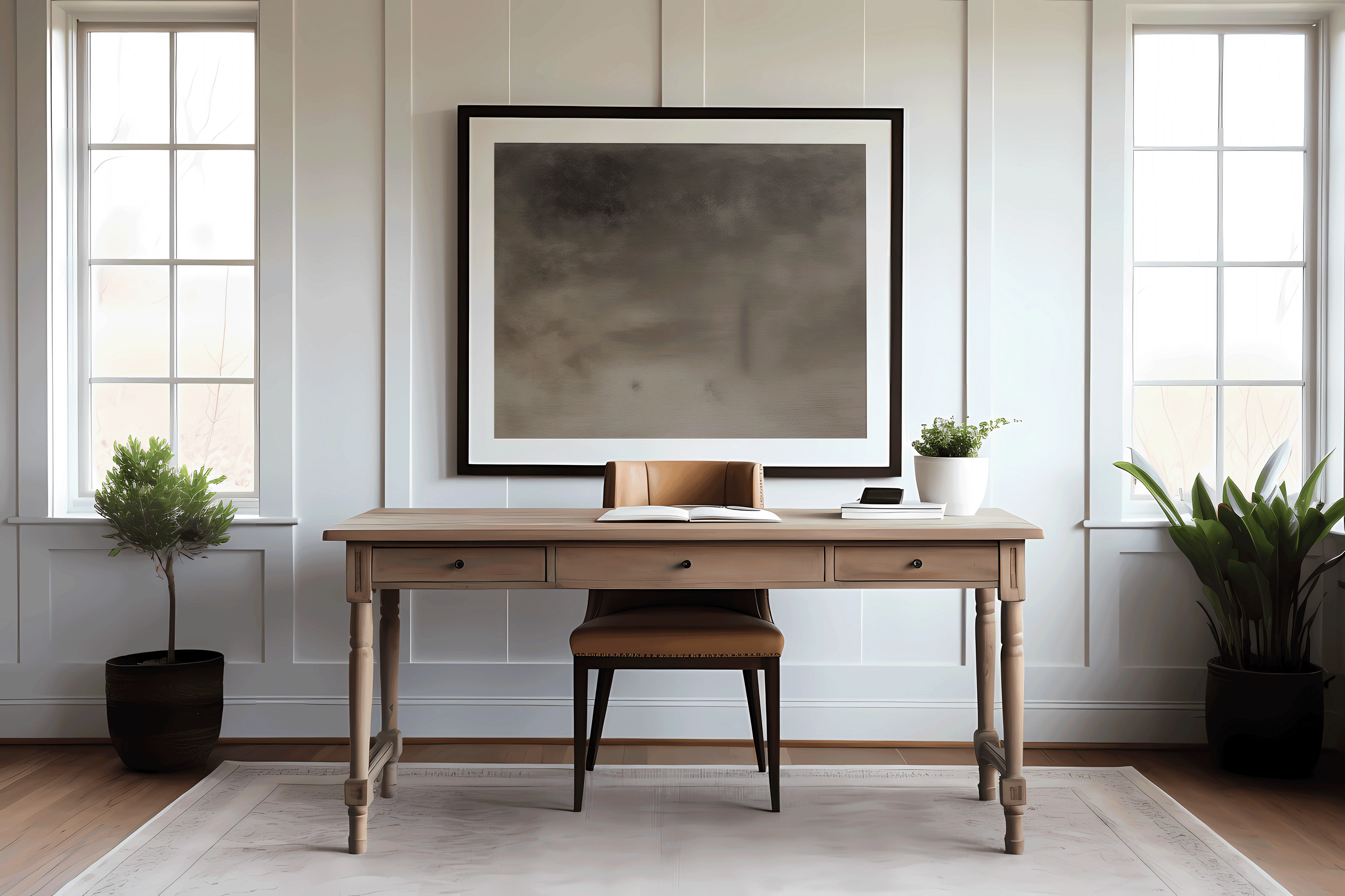 Large moody neutral abstract art print in a black frame displayed above a light wood desk in a bright home office with two tall windows and potted plants on each side.