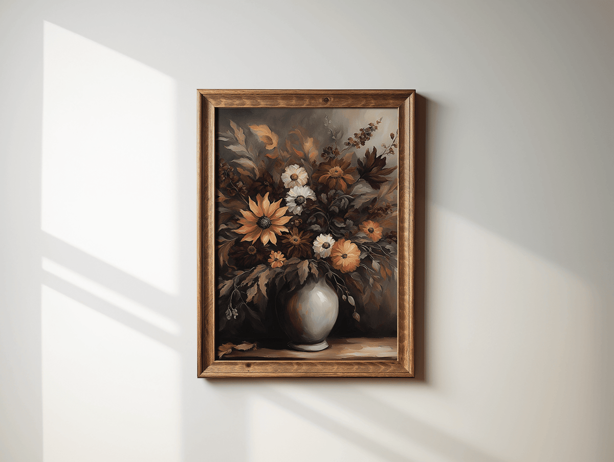 Moody vintage floral still life print in an ornate gold frame on a sunlit white wall