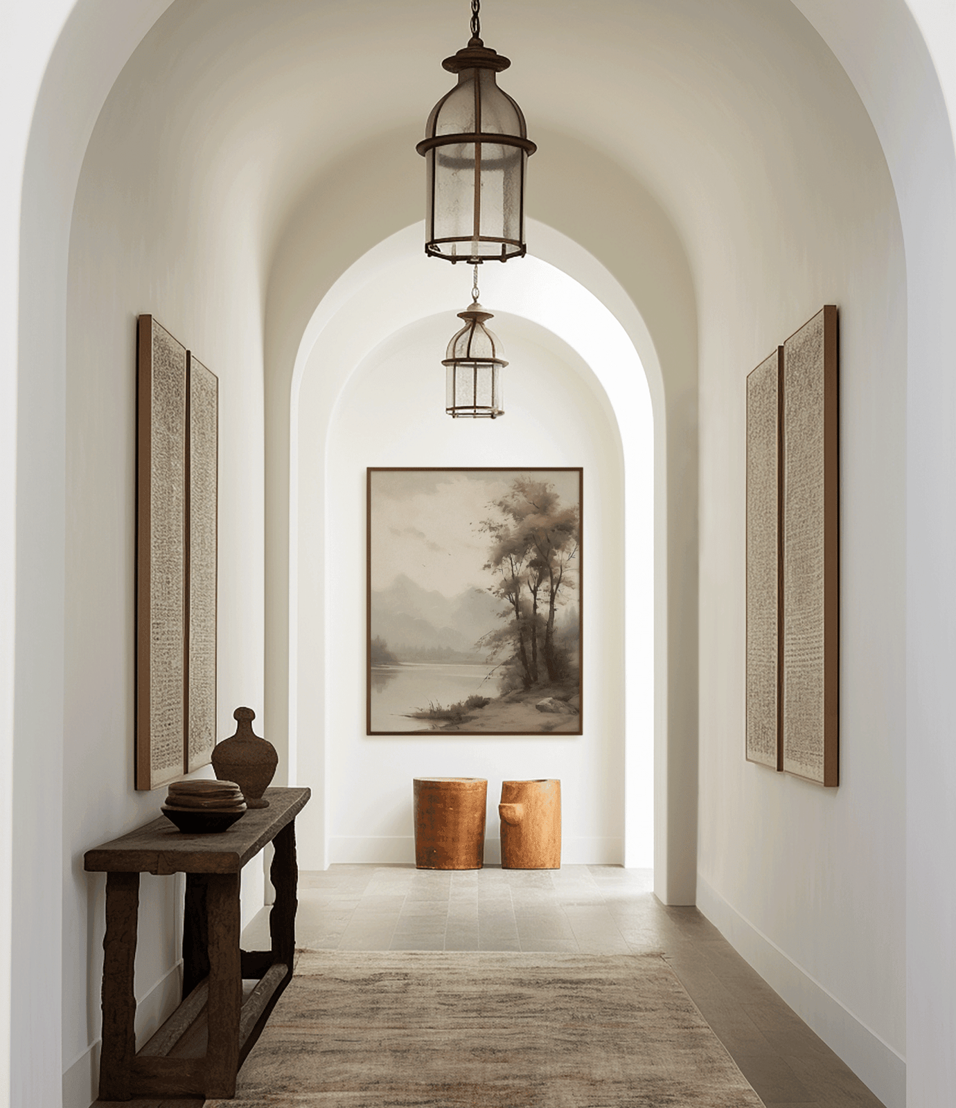 Moody vintage landscape wall art framed at end of arched hallway with rustic decor