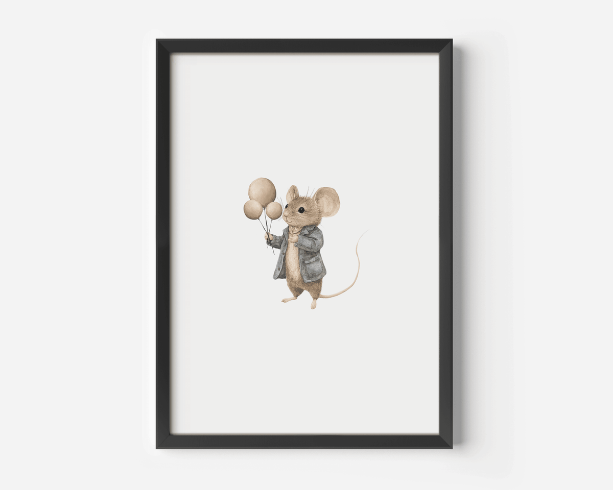 Woodland mouse and balloons nursery print in a black frame on a white wall
