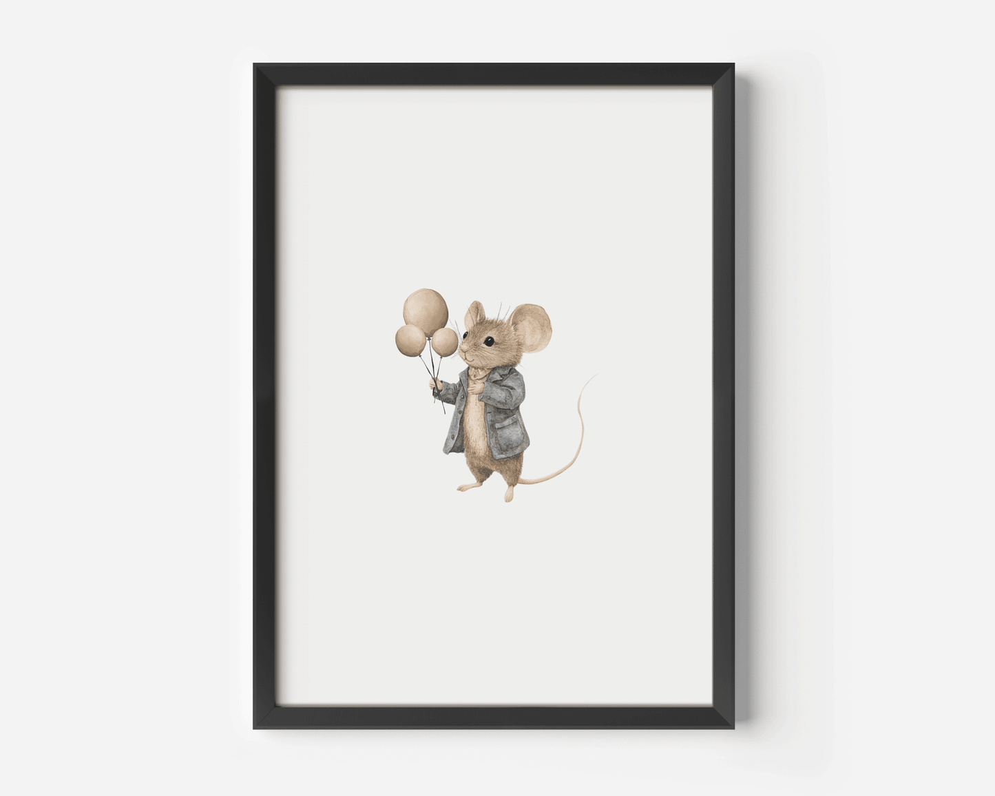 Woodland mouse and balloons nursery print in a black frame on a white wall