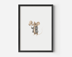 Woodland mouse and balloons nursery print in a black frame on a white wall