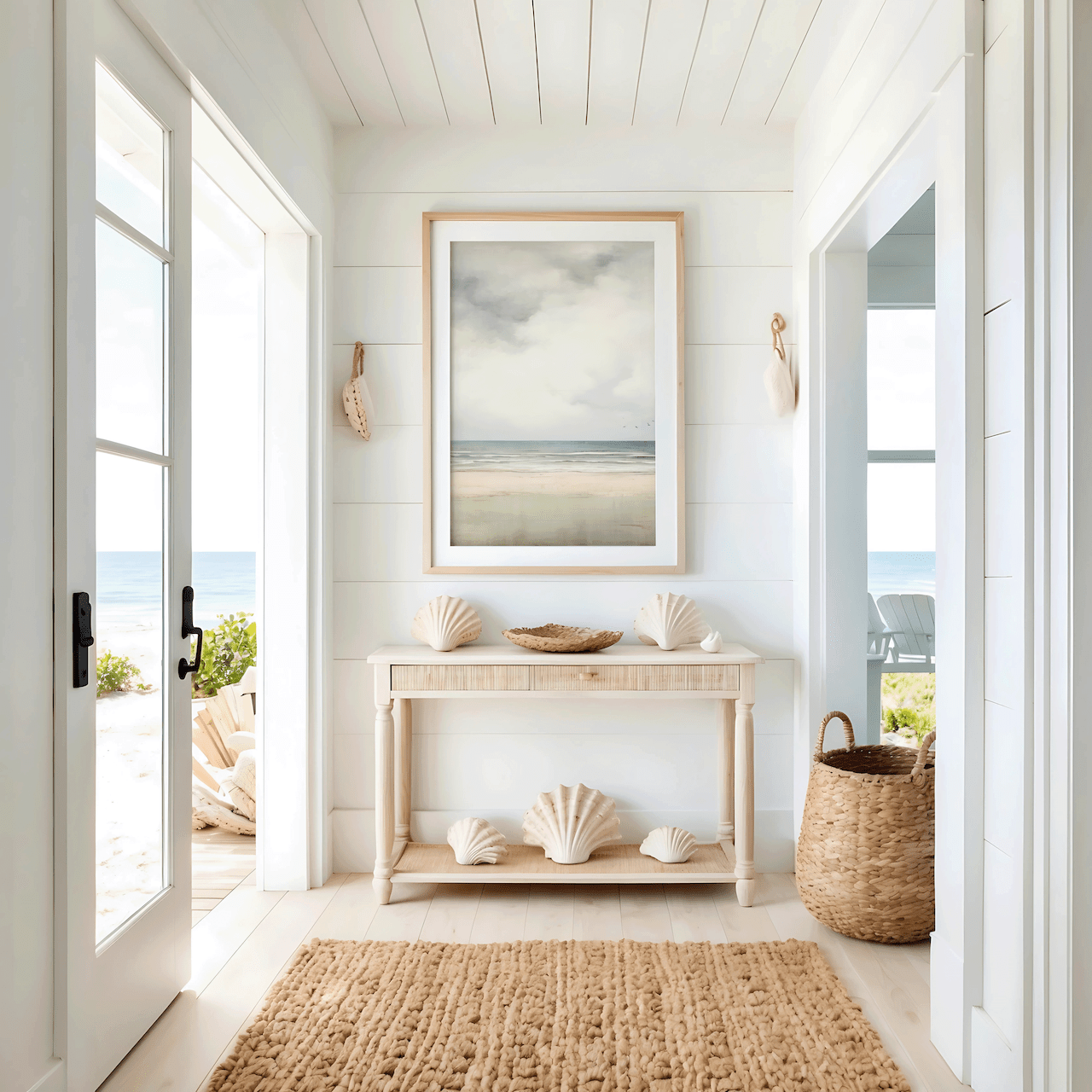 Nautical-themed interior with shell decor, a muted vintage beach landscape framed wall art print, and natural light.