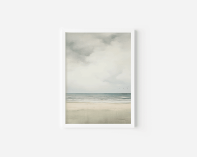Abstract muted vintage beach landscape wall art print with soft, muted colors and a white frame