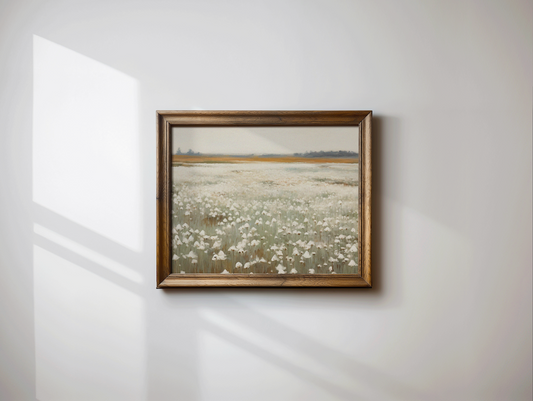 Muted landscape wall art featuring soft neutral tones and botanical shapes, available as a canvas or framed print for living room or bedroom decor or art for bathroom