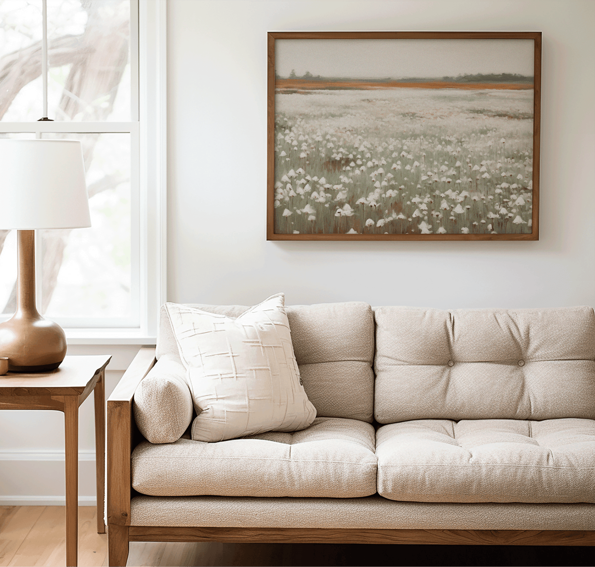 Muted wildflower field print framed above a beige couch in a neutral living room
