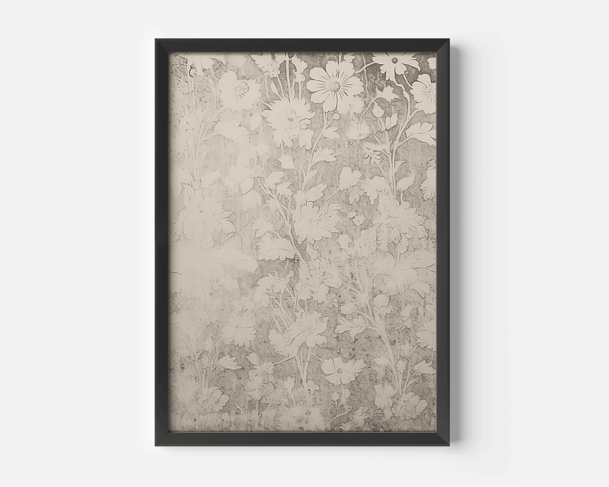close up of vintage muted botanical wall art in black frame showing neutral floral detail
