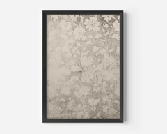 close up of vintage muted botanical wall art in black frame showing neutral floral detail