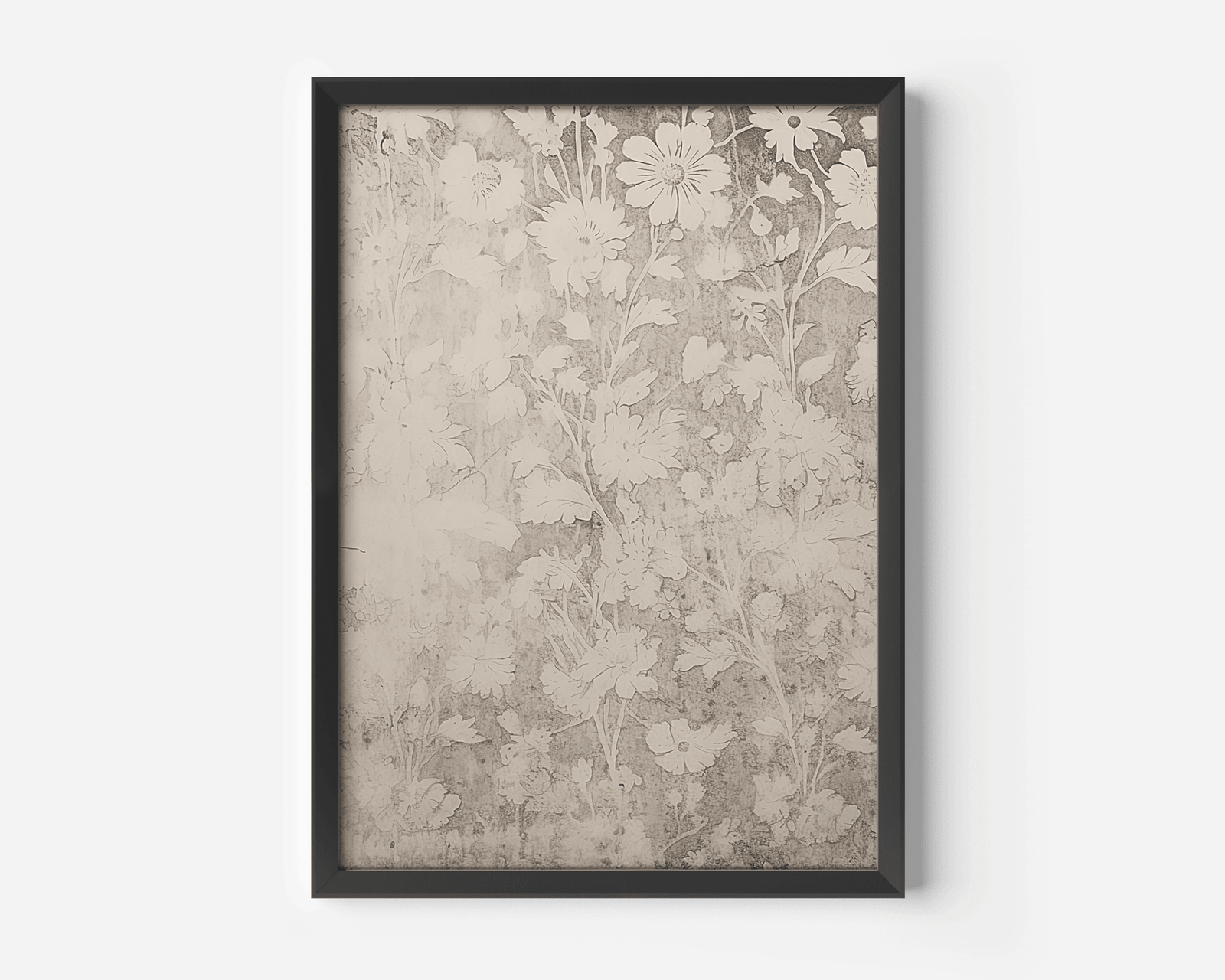 close up of vintage muted botanical wall art in black frame showing neutral floral detail