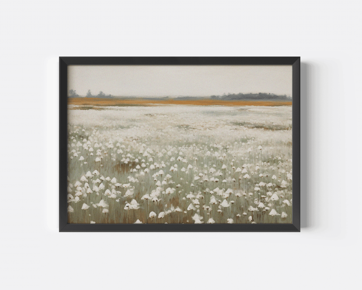 Black-framed muted wildflower field print, a vintage landscape for a modern living room