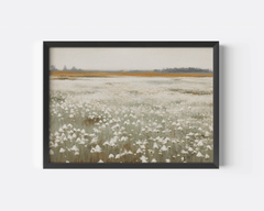 Black-framed muted wildflower field print, a vintage landscape for a modern living room