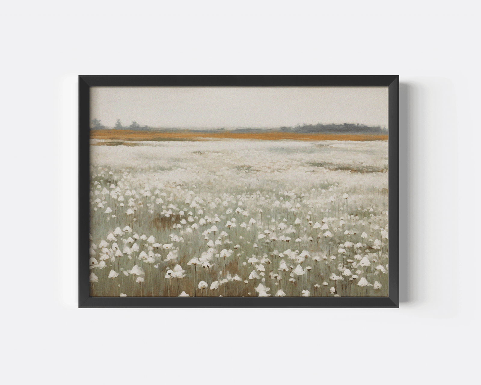 framed muted wildflower field wall art in black frame, vintage landscape print for modern living room decor