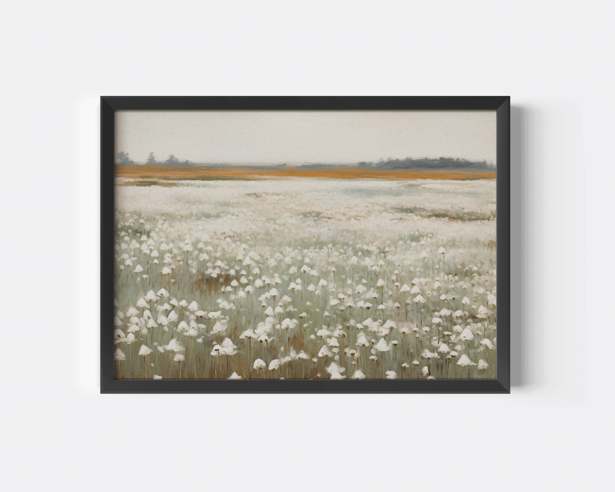 framed muted wildflower field wall art in black frame, vintage landscape print for modern living room decor