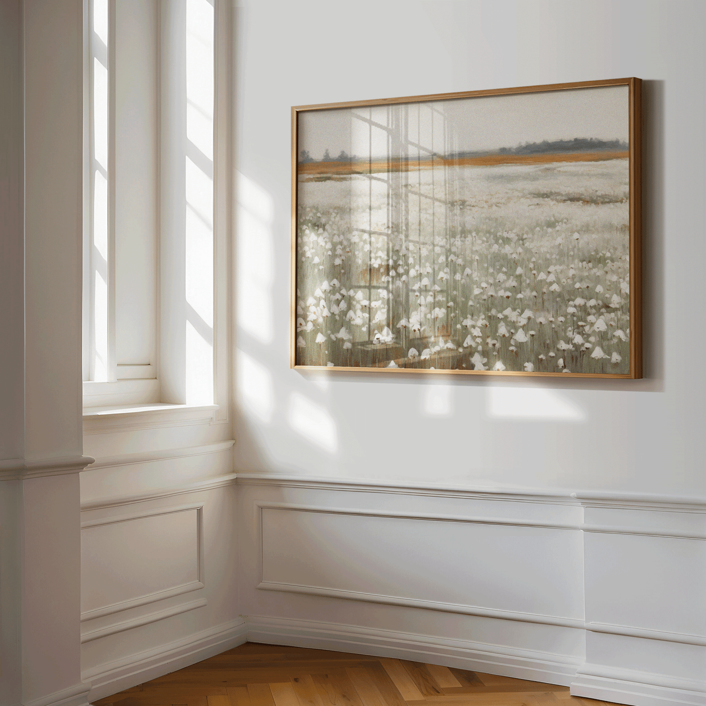 muted wildflower landscape wall art with soft light in hallway or entryway, neutral vintage nature print for minimalist interiors