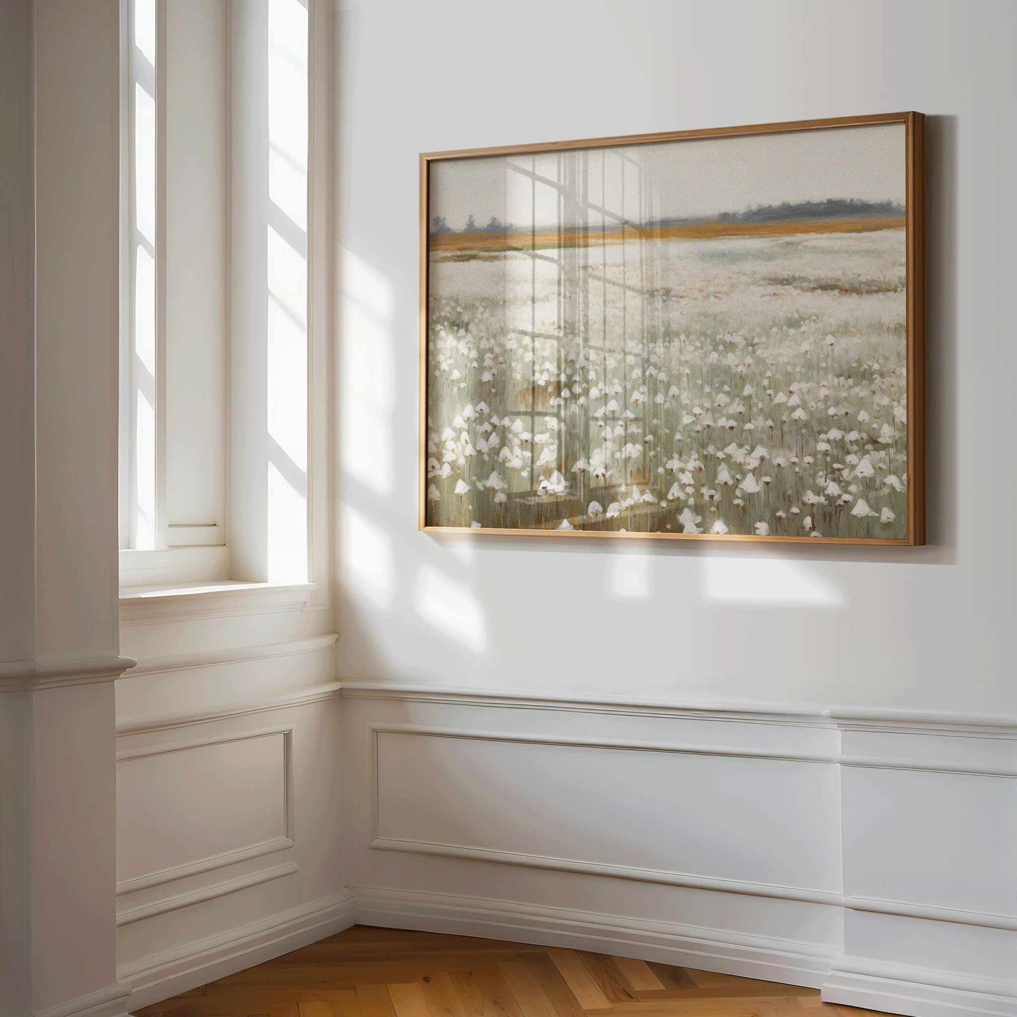 muted wildflower landscape wall art with soft light in hallway or entryway, neutral vintage nature print for minimalist interiors