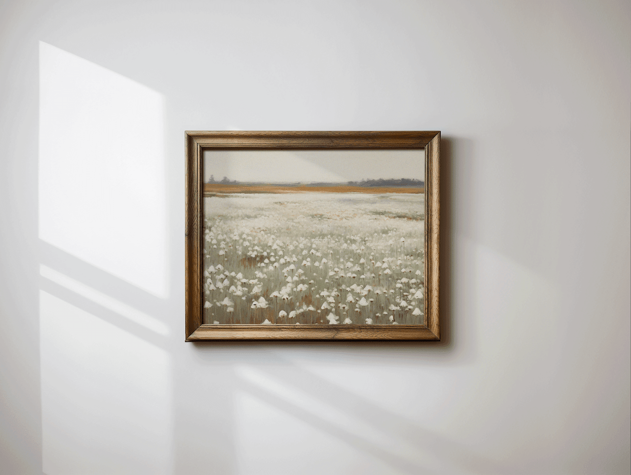 close-up of muted wildflower landscape canvas print, vintage neutral wall art for farmhouse and cottage interiors
