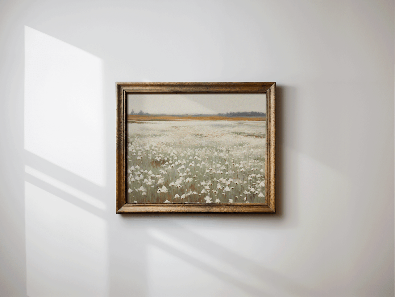 close-up of muted wildflower landscape canvas print, vintage neutral wall art for farmhouse and cottage interiors