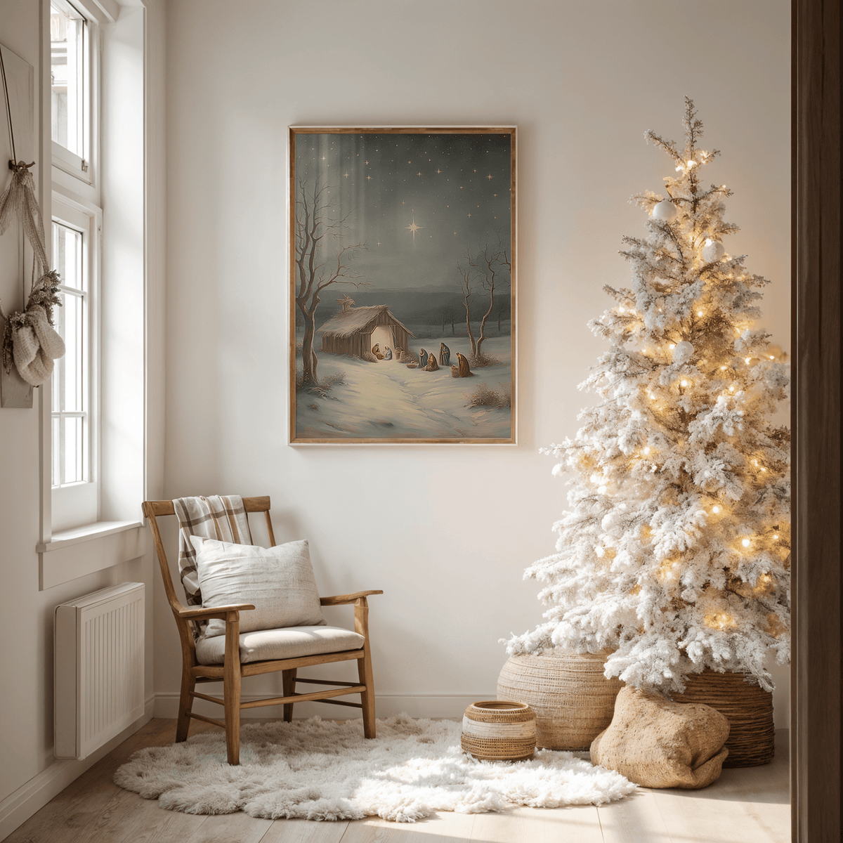 Framed religious nativity scene canvas wall art featuring baby Jesus under the Star of Bethlehem, displayed beside a glowing white Christmas tree in a neutral, modern, cozy living room