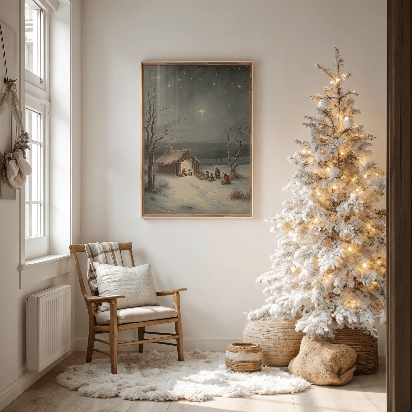 Framed religious nativity scene canvas wall art featuring baby Jesus under the Star of Bethlehem, displayed beside a glowing white Christmas tree in a neutral, modern, cozy living room