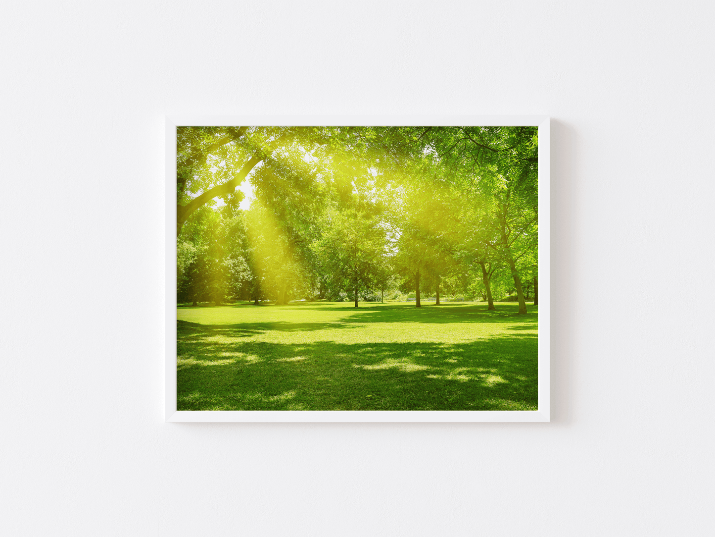 White-framed nature landscape print with sunlight filtering through leafy trees, relaxing green meadow artwork for bedroom or living room wall decor