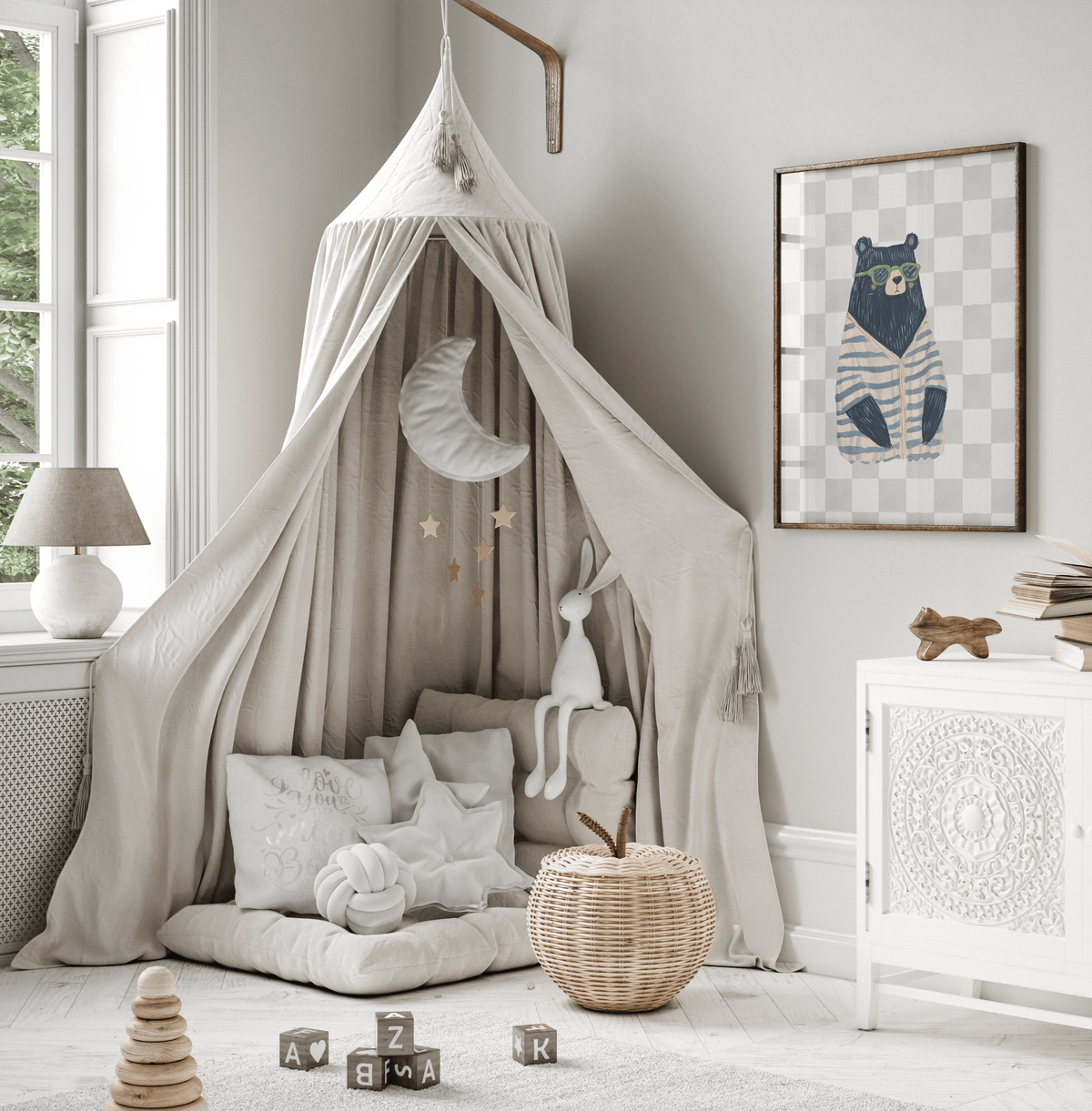 Navy blue bear nursery wall art framed print styled in neutral playroom with beige canopy and wooden toys
