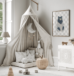 Navy blue bear nursery wall art framed print styled in neutral playroom with beige canopy and wooden toys