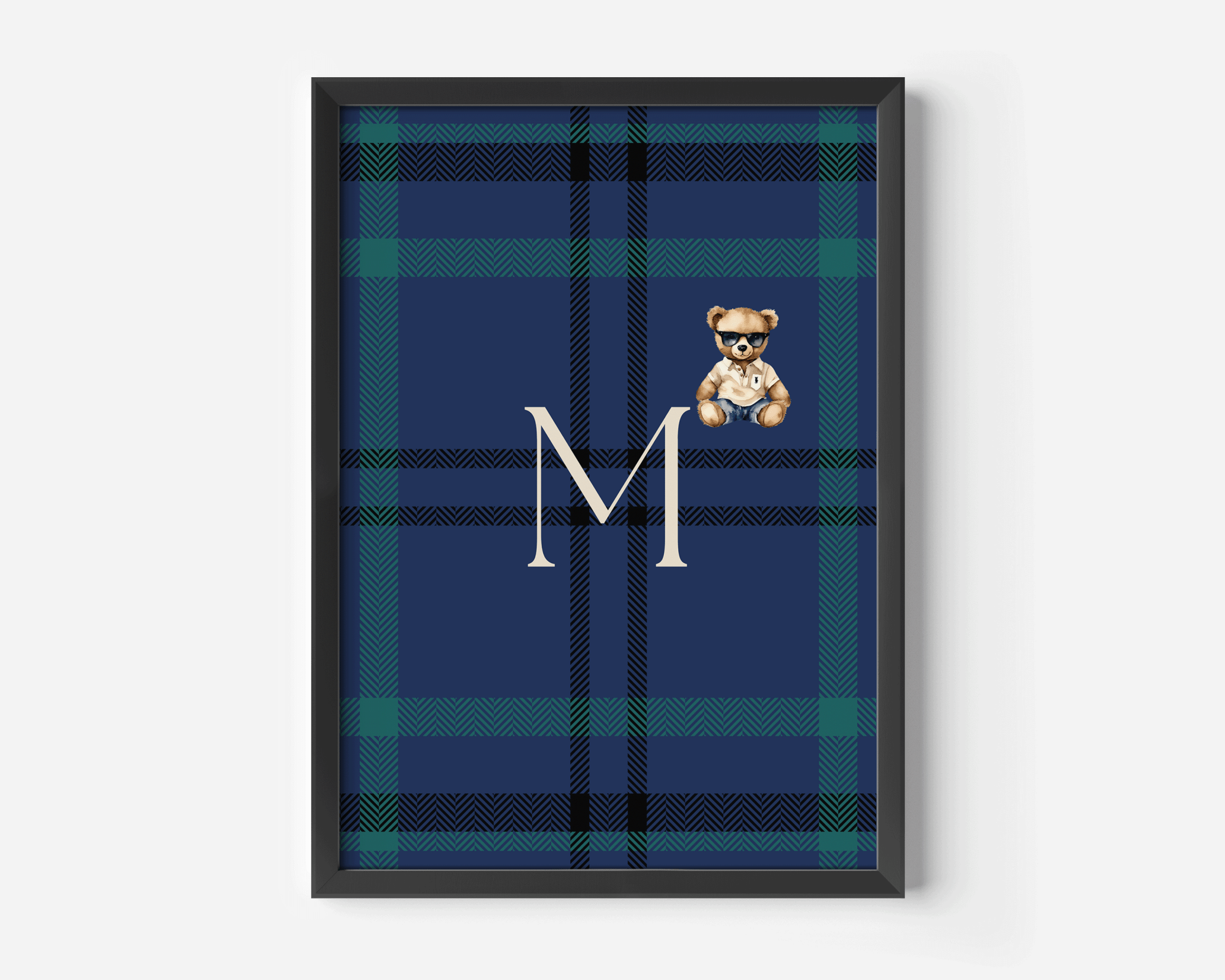 Navy tartan plaid monogram nursery artwork with teddy bear and serif initial M in black frame, classic masculine baby boy room decor, preppy heritage style inspired by Ralph Lauren kids interiors